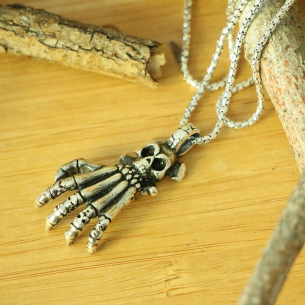 Sterling Silver SKULL & HAND'S BONE Men's Necklace - Picture 2 of 8